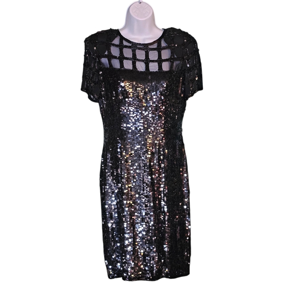 Vintage A.J. Bari Black Sequin Cocktail Glam Dress Lattice Neckline 80s 90s Sz 8